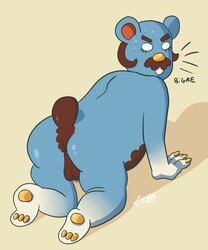 2020 animal_crossing anthro ass balls beardo_(animal_crossing) bernadaite blue_body blue_fur bodily_fluids fur genitals hi_res male male_only mammal nintendo overweight overweight_male solo surprise sweat ursid video_games