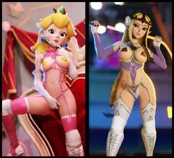 2girls 3d adapted_costume alternate_costume blonde_hair breasts busty clothing crisisbeat crossover death_battle female female_only holding_pussy hourglass_figure hyrule_warriors light-skinned_female light_skin mario_(series) medium_breasts nintendo partially_clothed princess princess_peach princess_zelda pussy_hold royalty skimpy skimpy_clothes super_mario_bros. super_smash_bros. the_legend_of_zelda touching_pussy voluptuous white_body zelda_(hyrule_warriors)