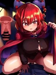 1boy 1girls animated belt belts big_breasts bottomless breasts bursting_breasts cape cleavage cowgirl_position cum cum_in_pussy cum_in_uterus cum_inside excessive_cum female huge_breasts looking_at_viewer no_sound peso_(cheese_company) pesogiso red_eyes red_hair ribbon sekibanki sex shorter_than_30_seconds squatting straight tagme thick_thighs touhou vaginal_penetration video wide_hips x-ray