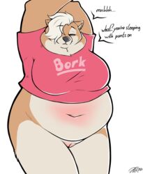 anthro belly bottomless breasts canid canine canis clothed clothing domestic_dog english_text eyebrow_through_hair eyebrows female fiercedeitylynx fur genitals hair hair_over_eye hi_res mammal morbidly_obese morbidly_obese_female navel obese obese_female one_eye_obstructed overweight overweight_female pink_clothing pink_topwear pussy shiba_inu solo spitz tan_body tan_fur text topwear translucent translucent_hair