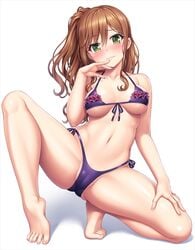 :3 ass asymmetrical_hair bang_dream! bangs barefoot bikini blush breasts brown_hair cameltoe dressed_undressed eyebrows_visible_through_hair feet female frills green_eyes imai_lisa kneeling lambda_(kusowarota) long_hair looking_at_viewer medium_breasts navel one_knee ponytail purple_bikini side_ponytail simple_background smile solo spread_legs swimsuit tied_hair tiptoes white_background