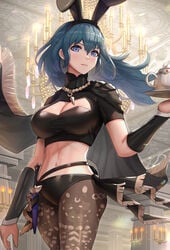 1girls alternate_costume backlighting bikini bikini_bottom black_bikini black_cape blue_eyes blue_hair breasts brown_legwear byleth_(fire_emblem) byleth_(fire_emblem)_(female) candle cape chandelier cleavage commentary_request cowboy_shot crop_top cup dagger expressionless female fire_emblem fire_emblem:_three_houses floating_hair gonzarez gonzarez1938 highres holding holding_cup indoors large_breasts leggings long_hair looking_at_viewer medium_hair navel nintendo pantyhose pink_lips sheath sheathed short_sleeves shorts solo stomach swimsuit teal_hair teapot thighs vambraces weapon