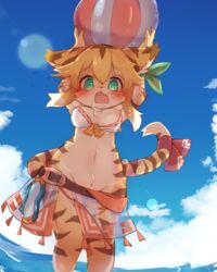 2020 anthro ball beach_ball blush breasts cloud felid female fur genitals green_eyes hi_res kemono mammal mia_(world_flipper) nipples one_breast_out pantherine pussy sky solo spiral_eyes striped_body striped_fur stripes sunapua tiger water world_flipper