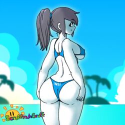 1girls animated ass beach bikini breasts clothing detailed_background female female_only grey_hair looking_at_viewer looking_back nintendo nipple_bulge outdoors ponytail scruffmuhgruff solo solo_female standing swimsuit thighs wii_fit wii_fit_trainer