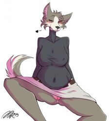 2019 absurd_res anthro bedroom_eyes belly black_nose blush bodily_fluids bottomwear breasts canid canine canis cheek_tuft clothed clothing facial_tuft female fiercedeitylynx fur fur_tuft furry furry_only genital_fluids genitals grey_body grey_ears grey_fur grey_tail heart hi_res mammal narrowed_eyes nipple_outline no_underwear pussy pussy_juice seductive signature simple_background skirt solo spread_legs spreading tail topwear tuft white_background wolf