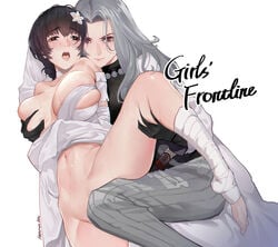 2girls absurdres artist_name bandage bandaged_leg bandages bangs black_gloves black_hair blush breast_grab breasts brown_eyes character_request closed_mouth commentary_request convenient_leg copyright_name dated deep_skin eyebrows_visible_through_hair flower girls'_frontline gloves grabbing grabbing_from_behind grey_(girls_frontline) grey_pants hair_flower hair_ornament highres hitomi_o lady_grey_(girls_frontline) large_breasts light_smile long_hair looking_at_viewer machlian_(girls_frontline) multiple_girls naked_shirt navel open_mouth pants shirt short_hair silver_hair simple_background spread_legs standing standing_on_one_leg sweat white_background white_shirt yuri