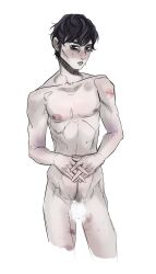 bite_mark black_hair blush bruise bruised bruises censored completely_nude embarrassed fear_and_hunger fear_and_hunger:_termina freckles happy_trail levi_(fear_and_hunger) looking_at_viewer male male_only male_pubic_hair mude pale-skinned_male pale_skin pubic_hair solo sweat tvar_ne_spit