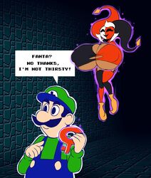 absurd_res anthro blank_stare breast_expansion breasts cap cave clothed clothing dialogue gloves hand_on_hip hat holding_object huge_breasts jester jester_cap key lady_phanto long_sleeves luigi mario_(series) metachoke nintendo phanto super_mario_bros._2 super_mario_maker super_mario_maker_2 text text_box thighhighs white_gloves