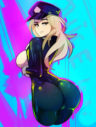 1girls ass back_view big_ass big_breasts blonde_hair bodysuit breasts_out brown_eyes camie_utsushimi female female_only hat hero_outfit_(mha) long_hair looking_at_viewer looking_back my_hero_academia postblue98 shiketsu_high_school_cap sideboob simple_background skin_tight smile solo solo_female tight_clothes tight_clothing wrist_cuffs