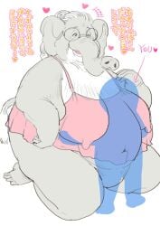 anthro between_breasts big_breasts breasts clothed clothing duo elderly elderly_female elephant elephantid erect_nipples excited eyewear female glasses grandmother_(lore) grandparent_(lore) hair happy headpat heart_symbol hebokun hug in_heat kemono lingerie mammal mature_female monochrome motion_lines nipples overweight overweight_anthro overweight_female proboscidean sagging_breasts seductive smile sound_effects teasing text translated translucent translucent_clothing white_hair wrinkles
