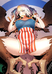 1girls absurdres american_flag bird_girl bird_wings blonde_hair blush breasts claws covered_navel covered_nipples digitigrade double_v eagle feathers female gesture harpy highres large_breasts looking_at_viewer lying monster_girl mouth_hold on_back original personification purple_eyes ribbon shizuoxing_kof smile solo spread_legs tail talons two_tone_hair v white_hair wings