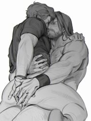 2boys anal anal_fluid arm_hair ass bara beard chest_hair closed_eyes clothed_male_nude_male clothes_pull commentary couple facial_hair gay gay_male greyscale guardians_of_the_galaxy hand_on_another's_ass hand_on_own_ass highres leg_hair limach-an long_hair looking_at_another male_focus marvel mature_male monochrome multiple_boys muscular muscular_male nude parted_lips penis peter_quill sex shirt_pull short_hair star_lord starlord symbol-only_commentary testicles thor_(marvel) thor_(marvel)_(series) wristband yaoi