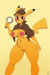 breasts brown_eyes detective_pikachu detective_pikachu_(series) female medium_breasts nintendo nipples partially_clothed pikachu pokémon_(species) pokemon pussy rule_63 smile solo solo_female wide_hips yelftea