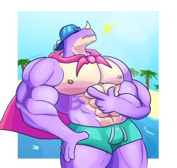 abs bara biceps big big_biceps brawl_stars buff bulge dinosaur looking_up muscular pierce_(brawl_stars) squeeze squeezing swimming_trunks thick_thighs