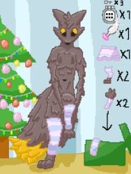 anthro big_tail bottomwear brown_body brown_fur buttplug casualties:unknown chastity_cage chastity_device chastity_key christmas christmas_tree clothed clothing digital_media_(artwork) dipstick_tail experiment_(casualties:unknown) experiment_(gunsaw) experiment_(scav_prototype) femboy flat_chastity_cage fur gift gunsaw handwear holidays legwear male male_focus male_only mammal markings mike_noctalios mittens new_year orange_sclera pixel_(artwork) plant plug_(sex_toy) putting_on_clothes scav_prototype sex_toy simple_background skirt solo stockings tail tail_markings tree