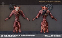 3d_(artwork) 4k absurd_res anthro axe barbarian blender_(artwork) blender_cycles_(artwork) bone bone_mask canid canine codpiece digital_media_(artwork) english_text foirgairwolf hi_res jewelry male mammal mask model_sheet mythological_canine mythological_creature mythology necklace red_body skull skull_mask solo tattoo text tribal werecanid werecanine werecreature werewolf