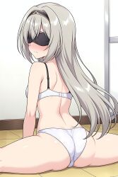 ai_generated arms_in_front back_view blush claire embarrassed eye_mask grey_hair hairband long_hair looking_back lost_swords no_clothes pussy_line small_ass small_breasts small_waist splits tight_panties white_bra white_panties
