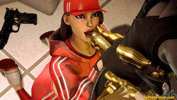 1boy 1girls 3d after_oral brown_eyes brown_hair cap clothed_female cum_in_mouth epic_games female fortnite gold gold_penis gun jogging_pants male midas_(fortnite) open_mouth oral penis penis_out petite pistol precum red_clothing red_lipstick ruby_(fortnite) tagme