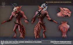 3d_(artwork) 4k absurd_res anthro axe barbarian blender_(artwork) blender_cycles_(artwork) bone bone_mask canid canine codpiece digital_media_(artwork) english_text foirgairwolf hi_res jewelry male mammal mask model_sheet mythological_canine mythological_creature mythology necklace red_body skull skull_mask solo tattoo text tribal werecanid werecanine werecreature werewolf