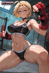 action action_pose ai_generated artoonizer athletic_female attack big_ass big_breasts blonde_hair blue_eyes breasts cammy_white cammy_white_(street_fighter_6) capcom choker female fight fingerless_gloves fists fists_clenched gauntlets gym gym_clothes gym_uniform handwear huge_breasts kicking legs_apart legs_spread light-skinned_female light_skin looking_at_viewer muscular muscular_arms muscular_female narrow_waist navel patreon patreon_username posing pussy scar scar_on_cheek scar_on_face serious serious_look short_hair solo solo_female solo_focus sports_bra sportswear standing street_fighter street_fighter_6 sweat thick_thighs thighs wet_body