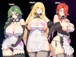 3girls ahoge alternate_costume apron bangs black_gloves black_legwear black_panties black_underwear blonde_hair blush breasts breath champion cheryl_(pokemon) cleavage cynthia_(pokemon) detached_collar detached_sleeves elbow_gloves elite_four eyes_visible_through_hair female female_only fingernails frills glasses gloves green_eyes green_hair grey_eyes grey_legwear grin hair_between_eyes hair_ornament hair_over_one_eye hakai_shin hand_on_hip heart high_resolution huge_breasts human long_hair lorelei_(pokemon) lorelei_(pokemon_lgpe) maid megane multiple_girls nintendo panties parted_lips pokemon pokemon_champion pokemon_dppt pokemon_frlg pokemon_lgpe pokemon_rgby ponytail purple_eyes red_hair shiny shiny_hair smile string_panties swept_bangs thighhighs tied_hair underwear very_long_hair