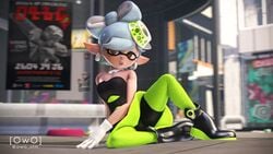 3d earrings gloves hi_res leggings looking_at_viewer marie_(splatoon) marie_(wo262) neckerchief nintendo owo_sfm pointy_ears shoes sitting skirt splatoon spread_legs star_shaped_pupils white_hair yellow_eyes