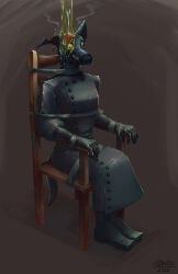 absurd_res acid anthro bdsm blood bodily_fluids bondage bound canid canine canis clothed clothing coyote gas_mask gore handwear hi_res latex latex_clothing latex_legwear legwear lil_beetle male mammal mask snuff solo tight_clothing