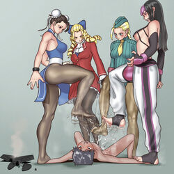 1boy 4girls artist_request ballbusting cammy_white cbt chun-li clothed_female_nude_male cock_and_ball_torture evil_grin feet female femdom held_down juri_han karin_kanzuki kicking male malesub multiple_girls nylons pantyhose playstation_4 ps4_controller stepped_on stepping_on_genitals stepping_on_penis stomping street_fighter