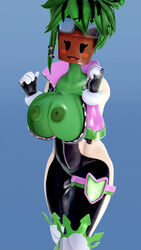 3d anthro big_breasts blaster_master blaster_master_zero blaster_master_zero_2 clothed female female_only gloves green_hair kanna_(blaster_master) lewdman2 looking_at_viewer mob_face nipples plantie smile unzipped_bodysuit