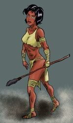alex_(totally_spies) alex_vasquez black_hair brown_skin brown_skinned_female cavewoman dark-skinned_female dark_skin messy_hair short_hair slight_underboob spear tattered_clothing totally_spies turkenjamez underboob