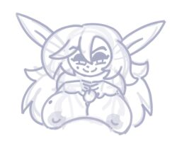 1girl1boy 1girls beauty_mark boobjob elf elf_female g_(oolongearlgrey) long_ears long_hair mochamazagran nude nude_female oolongearlgrey paizuri pov shortstack sketch smile smiling_at_viewer smug smug_face titjob