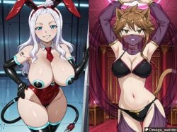 2girls ai_generated belly_dancer belly_dancing big_breasts blue_eyes blush brown_hair bunny_ears bunny_girl bunnysuit cat_ears cat_girl cat_tail catgirl cleavage dance dancer dancer_outfit dancing evil_grin evil_smile fairy_tail female hand_on_hip harem_outfit hip_sway long_hair looking_at_viewer millianna mirajane_strauss mouth_veil multiple_views omega_weirdo patreon robot_girl seductive seductive_dance sex_robot sex_slave short_hair sidelock slit_pupils smile smiling_at_viewer standing whisker_markings white_hair