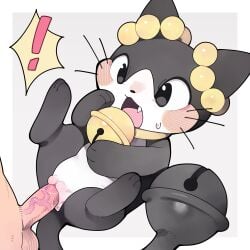 ! 1boy absurdres animal_ears bell black_eyes blush commentary english_commentary female furry furry_female furry_with_non-furry highres interspecies jingle_bell lying oerba_yun_fang on_back open_mouth penis pokemon pokemon_(creature) pussy ringring_(pokemon) sex simple_background spread_legs straight uncensored vaginal_penetration white_background youjo_modoki youjomodoki