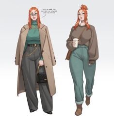 1girls anne_(rizdraws) big_breasts boots casual coat coffee dialogue english_text eyelashes female female_only freckles glasses hi_res jeans long_hair looking_at_viewer milf mole mole_under_mouth narrowed_eyes oc orange_hair original purse red_hair rizdraws smiling smiling_at_viewer solo sweater talking_to_viewer tied_hair turtleneck_sweater white_background wide_hips