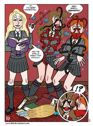 3girls arms_behind_back ball_gag blonde_hair blush blushing bondage brown_hair brunette clothing comic dominatrix english_text femdom femsub gag gagged ginger_hair ginny_weasley harness_gag harry_potter hermione_granger hogwarts hogwarts_school_uniform kinky_curses lezdom luna_lovegood magic magic_wand multiple_girls multiple_subs orange_hair pink_hair red_hair redhead school school_uniform schoolgirl schoolgirl_uniform skirt speech_bubble surprise talking text wand witch yes_i_did yuri