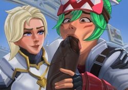 1boy 2025 2d 2d_(artwork) 2girls age_difference akande_ogundimu angela_ziegler arm_around_shoulders artist_name big_penis blizzard_entertainment blonde_hair blowjob blue_eyes brown_eyes clothed clothed_female cock dark-skinned_male dark_skin doomfist facial_markings fellatio fingerless_gloves forehead_protector gloves green_hair heroines human human_only interracial kiriko_(overwatch) kiriko_kamori light-skinned_female light_skin looking_at_another mercy mercy_(overwatch_2_suit) monitor older_female older_female_and_younger_female older_male older_male_and_younger_female oral oral_sex outdoors outercourse overwatch overwatch_2 saliva short_hair sky thick_penis threesome toto_null upper_body veiny_cock veiny_penis younger_female