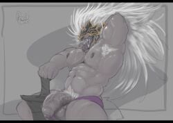 anthro armor armpit_hair balls bara biceps bodily_fluids body_hair canid canine canis claws digital_media_(artwork) elden_ring fromsoftware frostbone fur genitals hair headgear helmet hi_res inviting male male_only maliketh_(elden_ring) maliketh_the_black_blade mammal muscular muscular_arms muscular_male muscular_thighs nipples nude pecs penis raised_arm serratus simple_background smile solo solo_male spreading sweat tail teeth tongue triceps wolf