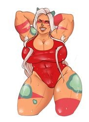 big_hips female female_only hair_on_boobs hands_behind_head horns huge_breasts jasper_(steven_universe) kikis_tavern long_hair looking_at_viewer muscular_female neckline orange_skin posing red_swimsuit smiling steven_universe swimsuit thick_lips thick_thighs white_hair yellow_eyes