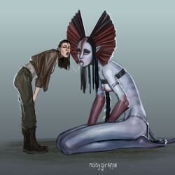 alien alien_girl alien_humanoid avatar avatar:_fire_and_ash blue_body blue_skin breasts humanoid kiss_on_lips kissing larger_female lesbian_kiss na'vi noisygiraff paint painted pink_tongue pointy_ears purple_tongue saliva saliva_drip saliva_string saliva_trail size_difference skinny small_breasts smaller_female tail tattoo tattoos tiny_breasts varang yellow_eyes yuri