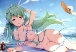 animal beach bikini blue_eyes breasts cleavage clouds green_hair hat long_hair miyase_mahiro nipples phone pussy sanae_kochiya scan sky snake swimsuit third-party_edit touhou uncensored water