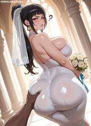 1girls aesterai ai_generated annoyed ass_grab bangs big_breasts black_hair blush boquet breasts brown_eyes busty cheating choker confused curvaceous curvy dark-skinned_male earrings eve_(stellar_blade) fat_ass female hoop_earrings huge_breasts jewelry milf netorare pawg stellar_blade tight_clothing wedding_dress wedding_veil