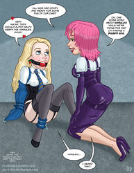 2girls armbinder arms_behind_back ball_gag blonde_hair blue_eyes blue_necktie bondage brown_eyes clothed clothes comic corset domination dominatrix ear_piercing earrings english_text female female_domination female_only femdom gag gagged harry_potter heart heels high_heels hogwarts kneeling latex latex_clothing latex_suit lezdom lipstick long_hair luna_lovegood necktie nymphadora_tonks open_mouth pink_hair ravenclaw red_ball_gag red_lipstick school schoolgirl shoes sitting speech_bubble tagme talking teeth text thigh_highs thighhighs violet_clothing yes_i_did yuri