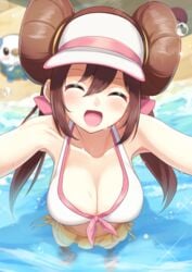 1girls 2019 adorable armpits bangs bare_shoulders beach big_breasts bikini bikini_top blurry_background blush blushing blushing_at_viewer breasts brown_hair bubble cleavage close-up closed_eyes collarbone cute double_bun facing_viewer female female_focus front-tie_bikini front-tie_top front_view hair_between_eyes hair_bun hair_buns happy having_fun highres human human_focus igakusei large_breasts light-skinned_female light_skin long_hair looking_at_another mouth_open nintendo ocean open_mouth oshawott partially_submerged pokemon pokemon_(species) pokemon_bw pokemon_bw2 pov rosa_(pokemon) sea seaside skirt smile smiling smiling_at_viewer solo solo_female solo_focus standing standing_in_water standing_up sunny swimsuit tied_hair twin_buns twintails visor visor_cap wading water white_bikini white_bikini_top wholesome yellow_skirt