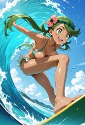 1girl 1girls ai ai-created ai_art ai_assisted ai_generated bouncing_breasts breasts game_freak green_hair greymaker mallow_(pokemon) medium_breasts nintendo nipple_slip nipples ocean one_breast_out pokemon pokemon_(anime) pokemon_anime pokemon_character solo stable_diffusion summer surfboard surfing teenage_breasts teenage_girl teenage_tits tits water waves