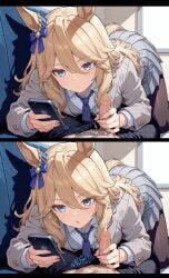 1girls ai_assisted ai_generated ass bored_expression bored_sex child_bearing_hips clothed_female_nude_male cumshot curvaceous curvaceous_ass curvaceous_body curvaceous_female curvaceous_figure curvaceous_hips curvaceous_thighs curvy curvy_body curvy_female curvy_figure curvy_hips curvy_thighs dialogue disinterested disinterested_sex female female_focus foreskin gold_city_(umamusume) handjob male_orgasm motion_lines multitasking senam66 smaller_penis smartphone text thick thick_hips thick_legs umamusume umamusume_pretty_derby waifu