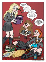 blonde_hair book broom broomstick clothed clothing comic english_text freckles ginger_hair ginny_weasley harry_potter headband hermione_granger hogwarts_school_uniform holding_book holding_object kinky_curses kinky_curses luna_lovegood orange_hair polishing reading reading_book red_hair redhead school_uniform schoolgirl schoolgirl_uniform sitting sitting_on_floor skirt smile smiling speech_bubble standing talking text witch yes_i_did