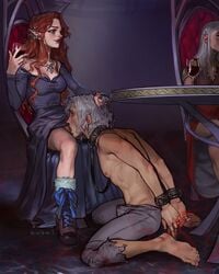 1boy 2girls ankle_boots bare_chest barefoot blood_in_wine_glass bondage bondage_gear boots bound bound_wrists bulge bulge_through_clothing canon_couple carmilla_(castlevania) castlevania castlevania_(netflix) clothing collar cuffs cunnilingus cunnilingus_in_skirt dominant_female dress duskyhallows erection erection_under_clothes feet female femdom grey_hair hair_grab hair_pull hands_behind_back hands_tied head_grab hector_(castlevania) jewelry kneeling_oral_position knighthood leash leash_and_collar leash_pull lenore_(castlevania) licking licking_pussy long_hair magical_binding male male/female malesub on_knees oral oral_sex partially_clothed pointy_ears pubic_hair public_cunnilingus pulling_hair pussy red_hair restrained shirtless shirtless_(male) silver_hair sitting sitting_on_chair smile straight submissive submissive_male under_the_table vampire willing_sub wine_glass wrist_cuffs