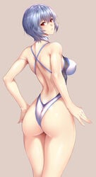 ass blue_hair breasts hands_on_hips looking_at_viewer looking_back medium_breasts neon_genesis_evangelion nipple_bulge one-piece_swimsuit red_eyes rei_ayanami short_hair swimsuit thick_thighs toned zucchini