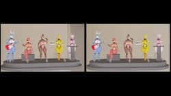 3d 5girls animated animatronic anthro bear big_breasts blue_eyes breasts bunny_ears bunny_girl female figure five_nights_at_freddy's five_nights_at_freddy's_2 fox foxy_(fnaf) furry green_eyes mangle_(fnaf) mp4 no_sound nude nude_female render scene spotlight stereogram thick_thighs toy_bonnie_(fnaf) toy_chica_(fnaf) toy_freddy_(fnaf) turntable_(animation) video vr wide_hips