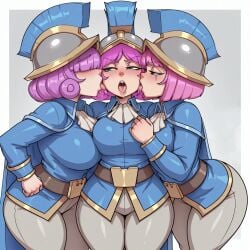3girls after_kiss ai_generated bangs bangs_over_eyes big_thighs blue_eyes blush breasts clash_(series) clash_royale clothed clothing female female_only french_kiss green_eyes helmet kissing kordyx musketeer_(clash_royale) open_mouth pink_hair purple_hair saliva saliva_trail scar_across_eye supercell thick_thighs thighs three_musketeers_(clash_royale) triple_kiss voluptuous voluptuous_female